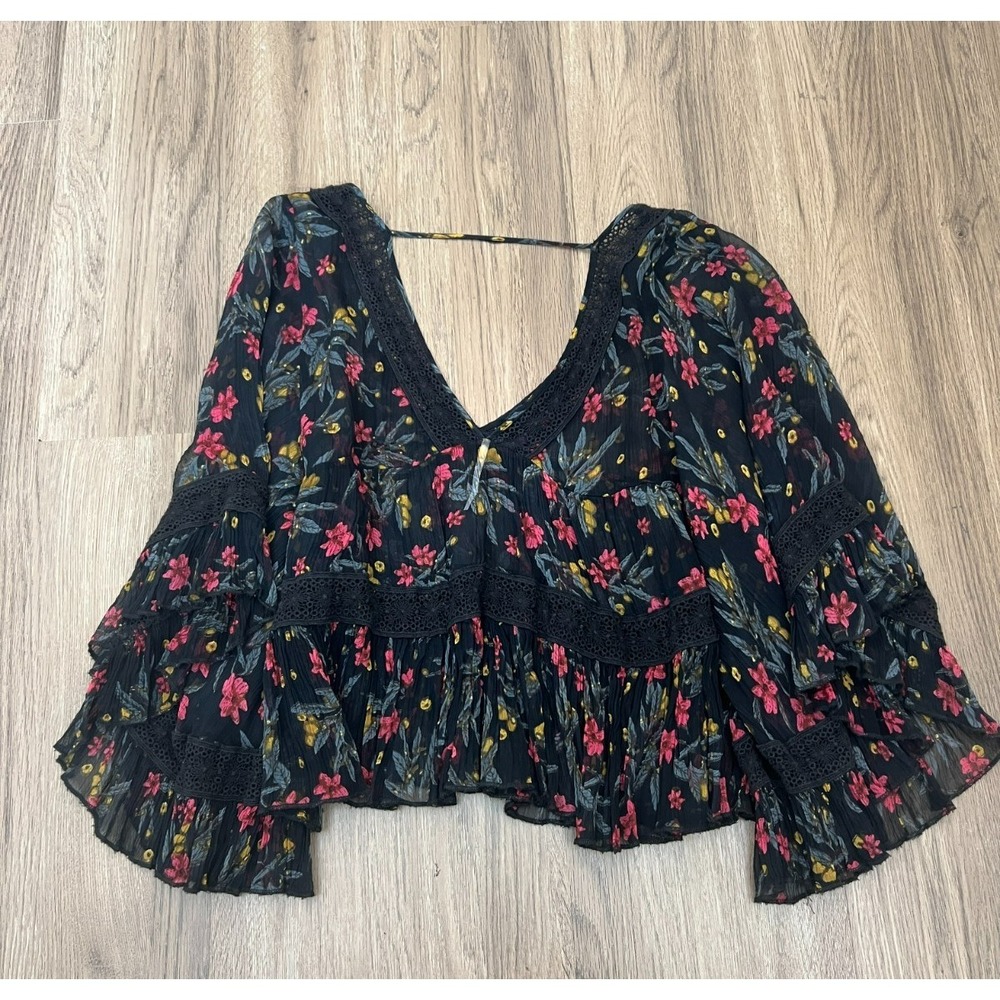 Free People S Black Sheer Floral Boho Blouse Open Back Crochet Trim Festival - Picture 6 of 10